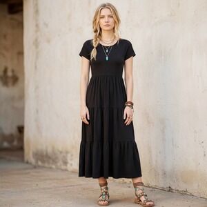 Brit & Bri vintage Tiered maxi Dress Empire Waist Women's Black Sz. M flowy boho